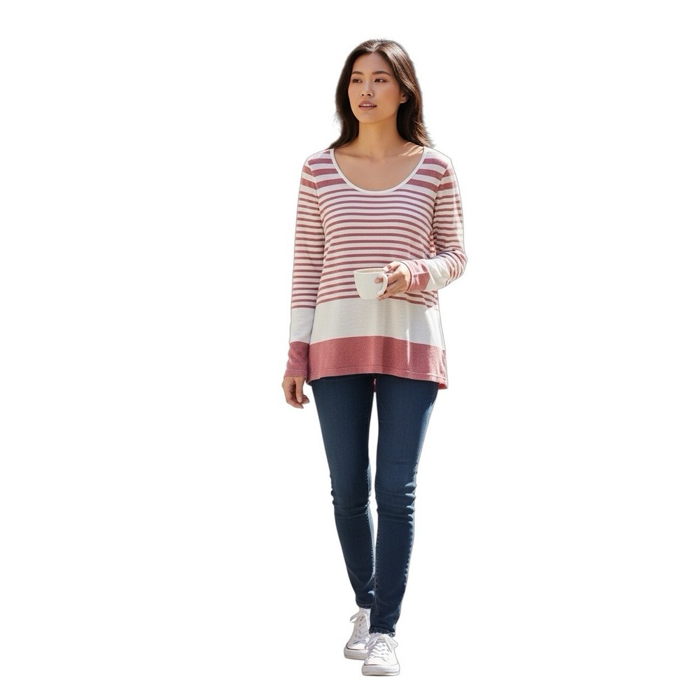 Vince Striped Scoop Neck Long Sleeve Knit Top‎ S Pink White Lightweight